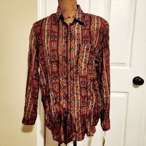 NWT Metro Express 100% Silk Brown Tribal Design Button Up Shirt Women's M Fall